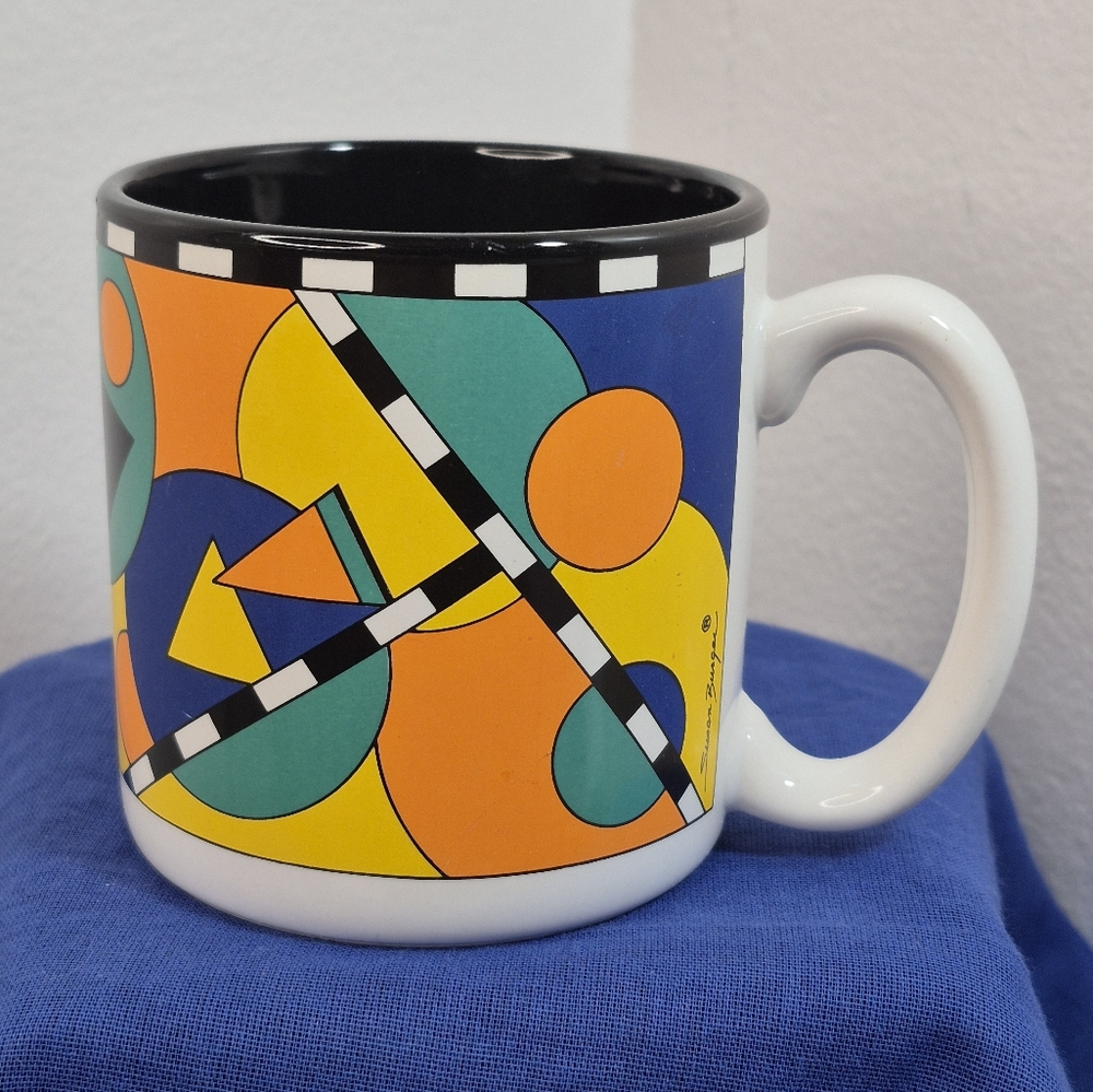 Vntg. Susan Burger Coffee Mug  Flowers Inc. Balloons Geometric Color Block 1991